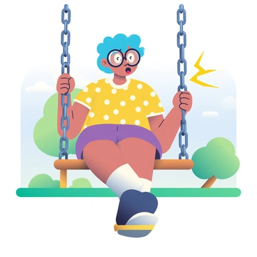 A quirky character with bright blue hair and oversized glasses is sitting on a wooden swing. They are wearing a yellow polka dot shirt and purple shorts, with mismatched socks pulled up to their knees. Their left hand is gripping the swing chain, which is sparking with a small static shock. The character has a surprised expression on their face, with wide eyes and a slight open mouth. The background features a green park with a few trees and a clear blue sky. The swing is suspended from a sturdy metal frame that has a shiny finish.