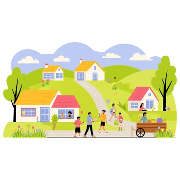 A vibrant village setting in Resembool featuring quaint houses with colorful facades and thatched roofs. Rolling green hills surround the village, dotted with wildflowers in various colors. The sky is a bright blue with fluffy white clouds, and there are trees with lush green foliage framing the scene. Villagers are engaged in daily activities, such as tending to gardens, chatting, and children playing with a ball in the streets. A small wooden cart filled with fresh produce can be seen next to one of the houses.