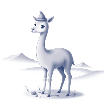 A chameau standing on a sandy landscape. The chameau has a small, whimsical hat perched on top of its head. Its large eyes are focused ahead, and its long neck is elegantly curved. The animal has a gentle expression, with its mouth slightly open as if it is happily exhaling. The ground is dotted with small tufts of grass and a few scattered rocks, creating a playful scene. In the background, there are distant sand dunes that rise and fall in soft peaks.
