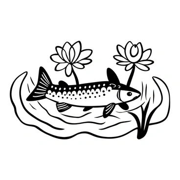 A brook trout swimming gracefully, its detailed fins and scales clearly visible. Surrounding the trout, there is a corona of blooming water lilies, their petals fully open, creating an intricate pattern across the water's surface. The water is depicted with gentle ripples radiating outward, enhancing the sense of movement and life in the scene.