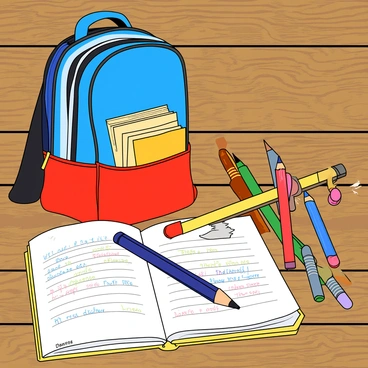 A vibrant school bag with a mix of bright colors, including blue, red, and yellow, is situated on a weathered wooden desk. The bag is slightly unzipped, revealing glimpses of binders and books inside. Surrounding the bag are a variety of scattered pencils in different lengths and colors, some with sharpened tips and others with erasers still intact. An open notebook lies nearby, displaying lined pages filled with colorful doodles and notes. The wooden desk has a rustic texture, with visible grain patterns and some small scratches.