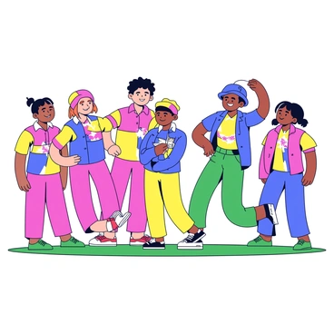 A team of five individuals wearing matching colorful uniforms consisting of bright red, blue, yellow, and green colors. Each uniform features a distinct geometric pattern that adds visual interest. The team members are gathered together in an outdoor setting, with some stretching and preparing their equipment. They display expressions of determination and focus as they get ready for their performance. The background includes a clear sky and a grassy area, emphasizing the outdoor atmosphere.