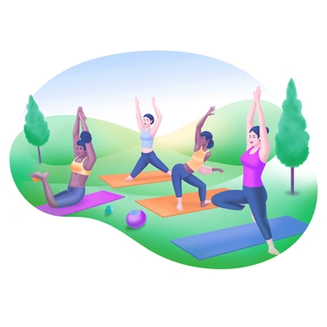 A modern pastel illustration depicting a group of diverse individuals attending a yoga class in a lush green park. Each person is engaged in different yoga poses, such as downward dog, tree pose, and warrior I, showcasing a variety of skin tones and athletic apparel. The morning sun casts a warm glow over the scene, illuminating the participants. In the background, there are vibrant trees and gentle hills, with a clear blue sky overhead. Yoga mats in various colors are spread out on the grass, while a few individuals are smiling, enjoying the peaceful atmosphere.