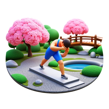 A person performing calf raises on a smooth stone path in a Japanese zen garden. The garden features carefully raked gravel, with patches of moss and strategically placed rocks. Cherry blossom trees are in bloom, their pink flowers softly falling around. The person is dressed in comfortable athletic wear, focusing intently on their exercise. A small, tranquil pond reflects the surrounding greenery and a wooden bridge in the background adds depth to the scene. The overall atmosphere is calm and serene, emphasizing the harmony between physical activity and nature.
