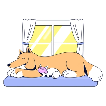 A borzoi dog with long, silky fur lies comfortably next to a small, fluffy cat. Both animals are basking in a warm, bright ray of sunlight that streams through a large window. The borzoi has a gentle expression, with its elongated snout resting on its paws. The cat is curled up beside the dog, with its eyes partially closed and a content look on its face. The window has sheer white curtains that slightly diffuse the sunlight, creating a cozy atmosphere in the room.