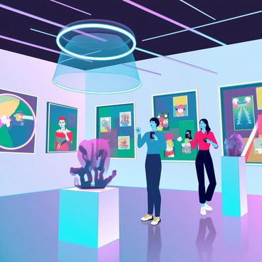A spacious art gallery filled with colorful paintings and modern sculptures. Each artwork is surrounded by a subtle glow, indicating its augmented reality features. Visitors are engaged as they use handheld devices to interact with the pieces, revealing animations and additional information. The walls are adorned with vibrant artwork, showcasing a variety of styles and subjects. Sculptures are displayed on pedestals, with digital overlays that enhance their shapes and textures. The floor is polished, reflecting the artwork overhead, while the lighting highlights the intricate details of each piece.