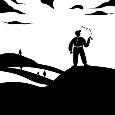 The figure of the "Pied Piper" stands in silhouette on a hilltop, holding a flute in one hand. The horizon is marked by the outline of trees and rolling hills, while the "stunning sunset" creates a dramatic backdrop filled with layered shades of black and white. The contours of the Piper's clothing are detailed, and the shape of the flute is visible against the light. The overall composition evokes a sense of mystery and otherworldliness.
