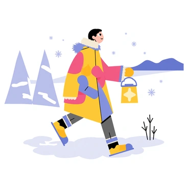 A figure wrapped in colorful, warm clothing is walking through a snowy landscape. The figure is wearing a thick, puffy coat with a fur-lined hood, and sturdy winter boots. In one hand, the figure holds a glowing lantern that casts a warm yellow light. The ground is covered with a thick layer of fresh, white snow, and snowflakes are gently falling from the sky. In the background, there are snow-covered trees and a hint of a distant, dark mountain.