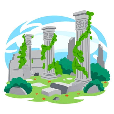 Ancient ruins featuring towering stone columns, each adorned with intricate carvings that depict mythical creatures and floral patterns. The columns stand prominently among crumbling walls and scattered stones. Lush green vines climb up the sides of the columns and weave through the remnants of the structure, giving a sense of nature reclaiming the space. Dappled sunlight filters through the foliage, casting gentle shadows across the scene. The ground is scattered with fallen leaves and small stones, hinting at the passage of time.