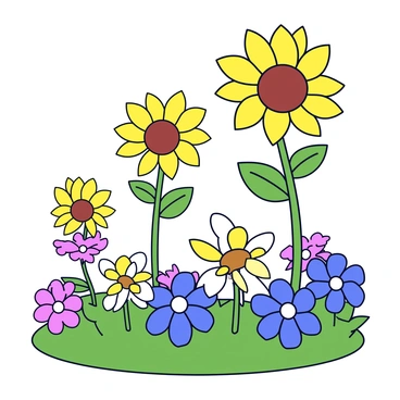 A flower bed filled with vibrant flowers in various colors. Tall sunflowers stand proudly, their large yellow blooms reaching toward the sky. Each sunflower is supported by wooden stakes, ensuring they remain upright. The flower bed is bordered by green foliage, enhancing the overall brightness of the scene.