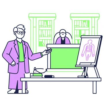 An expert witness is standing in a courtroom, confidently presenting information. The witness is a middle-aged individual wearing a tailored suit and glasses, with short gray hair. In front of them, there is an easel displaying a detailed medical illustration. The illustration shows a human anatomy diagram, clearly labeled and intricately drawn. The jury is seated at a wooden table, attentively observing the presentation. A judge is visible in the background, seated at a raised bench, and the courtroom is furnished with wooden paneling and bookshelves filled with law books.