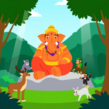 A large statue of "Ganesha" sitting peacefully on a smooth rock in a vibrant, lush green forest. The deity has a bright orange skin tone, large ears, and a gentle smile, adorned with colorful garlands of flowers. Around Ganesha, various animals such as a curious deer, a playful monkey, and a colorful parrot are gathered, interacting with each other in harmony. Sunlight filters through the leaves of tall trees, casting dappled shadows on the forest floor, enhancing the serene atmosphere of the scene.