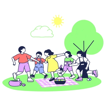 A group of children of various cultural backgrounds is playing together on a grassy area in a park. There are five children: one wearing a bright red shirt, another in a yellow dress, a third in blue overalls, and the others in colorful t-shirts. They are engaged in a game of tag, with one child laughing and running while the others chase after them. Nearby, a picnic blanket is spread out under a tree, with a basket and a few scattered toys. The sun is shining, and a few fluffy clouds are visible in the sky above.