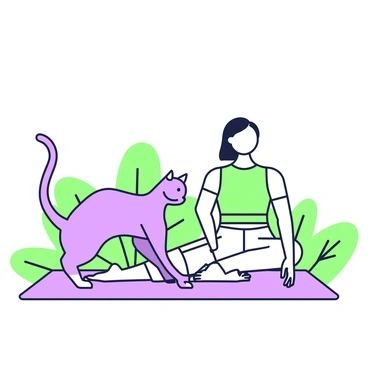 A cat is stretching on a yoga mat, beside a person engaged in a yoga pose. The cat has a sleek body and is arching its back, its tail held high. The person sitting on the mat is wearing comfortable athletic wear, with one leg extended and the other bent in a seated position. The person's hands rest on their knee while they maintain a focused expression. Surrounding them, the yoga mat is adorned with a simple pattern. In the background, there are plants that add a fresh atmosphere to the scene.