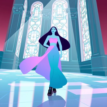 Priscilla is a young woman with long, flowing hair and an elegant gown that trails behind her. She is walking gracefully through a grand hall with intricate architectural details. Sunlight streams in through large stained glass windows, casting colorful patterns on the polished marble floor. The walls are adorned with ornate carvings and rich tapestries, enhancing the opulence of the setting. Priscilla's expression reflects a sense of wonder as she moves further into the hall.