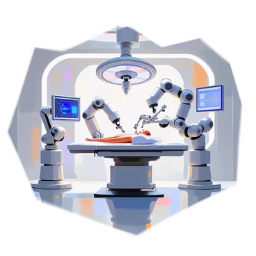 A futuristic operating room filled with bright, sterile lighting and advanced medical equipment. In the center, a patient lies on a sleek surgical table, surrounded by robotic arms, each equipped with various surgical instruments. The robotic arms are actively engaged in delicate procedures, demonstrating precision and coordination. Monitors displaying vital signs and 3D imaging of the surgical area are mounted on the walls, adding to the high-tech atmosphere. The overall environment conveys a sense of advanced technology and innovation in the medical field.