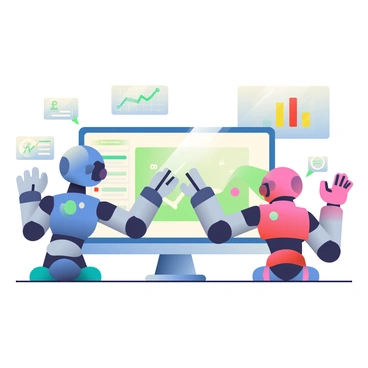 A computer screen displays multiple graphs and charts related to Forex trading, highlighted with various bright colors. In front of the screen, two sleek, metallic robots, one with blue accents and the other with red accents, are interacting with the interface. The blue robot is pointing at a green graph with its metallic finger, while the red robot has its hand raised, as if discussing a trading strategy. The futuristic setting features rounded, glossy surfaces and ambient lighting in soft hues, creating a high-tech atmosphere around the robots and the computer. The background includes softly glowing panels and a few floating holographic displays showing currency symbols.