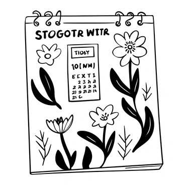 An illustrated page featuring various seasonal flowers in detailed black-and-white line art. There are blooming flowers such as daffodils, tulips, and cherry blossoms arranged artistically across the page. A small calendar is integrated into the composition, with clear markings indicating the bloom times of each flower. Each flower is labeled with its name in a decorative font, and additional botanical details are included around them, enhancing the overall richness of the page.