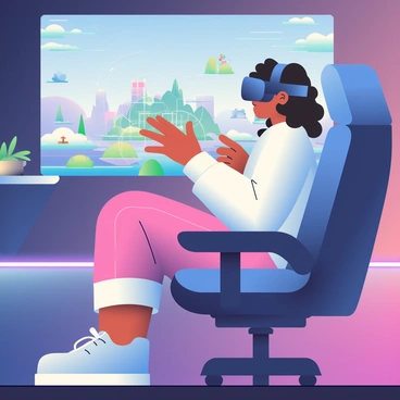 A young woman with light brown skin and curly black hair is wearing a sleek black VR headset. She is sitting in a modern gaming chair with a high backrest. The room is dimly lit, with neon blue and purple lights illuminating the walls. Her hands are gesturing in front of her, interacting with a holographic display projected from the headset. She is wearing a fitted white long-sleeve shirt and comfortable joggers. In the background, a large screen shows a vibrant virtual landscape filled with floating islands and futuristic structures. The atmosphere conveys an intense focus as she navigates through the virtual game.