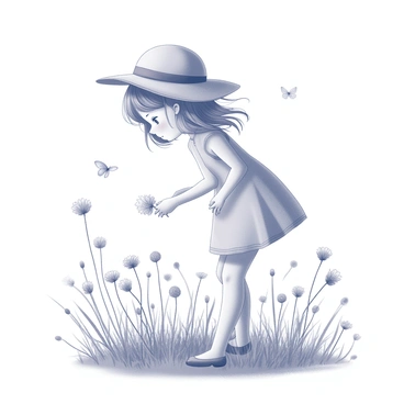 A young girl wearing a large floppy hat is bending down to pick flowers in a meadow. She has a playful expression on her face, and her hair flows gently with the breeze. Surrounding her are various wildflowers swaying in the wind, each blooming with different shapes. The girl is wearing a light dress that complements the natural setting. The meadow is filled with tall grass, and a few butterflies can be seen fluttering nearby. The scene conveys a sense of peacefulness and connection to nature.