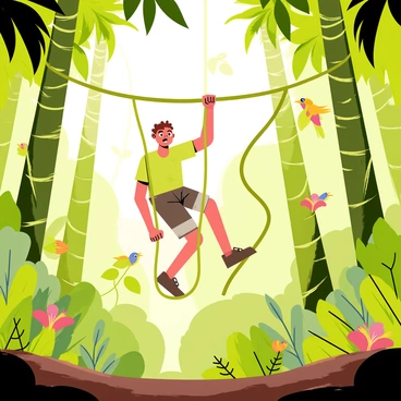 An adventurer dressed in a green tank top and cargo shorts is performing pull-ups on a thick, twisting vine high above the ground. The rainforest is vibrant and dense, filled with tall trees that have broad leaves and various shades of green. Sunlight filters through the canopy, casting dappled light on the adventurer's determined face. Tropical flowers in bright colors peek out from the foliage around, while exotic birds can be seen flitting between the branches in the background. The ground is covered in rich, dark soil dotted with ferns and small plants, completing the lively and active scene.