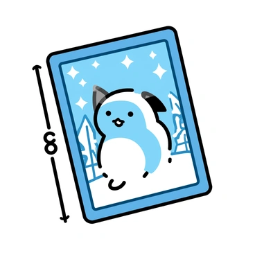 A Pokémon card, rectangular in shape, featuring a Pokémon with snowflakes gently falling around it. The Pokémon is depicted with a light blue and white color palette, embodying winter elements. The background of the card showcases a frosty landscape with glistening icicles and snow-covered trees. The card size is emphasized by the Pokémon being positioned centrally, with its dimensions clearly visible in relation to the winter scenery. The card has a shiny finish, reflecting the winter light.