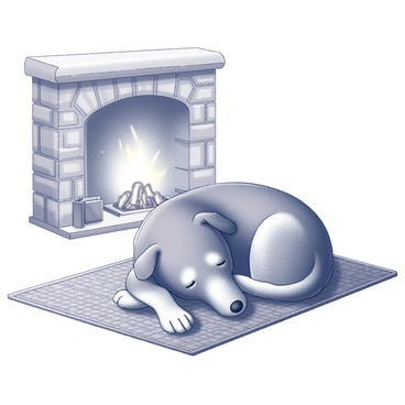 An old dog is lying comfortably on a woven rug, curled up in deep slumber. Its fur is graying, showing signs of age and wisdom. The dog has a relaxed expression, with its eyes gently closed and ears slightly drooping. In the background, a rustic fireplace is made of rough-hewn stones, with embers glowing softly. The fireplace mantle is adorned with simple wooden decor. The warm light from the fire casts gentle shadows, enhancing the peaceful atmosphere around the sleeping dog.