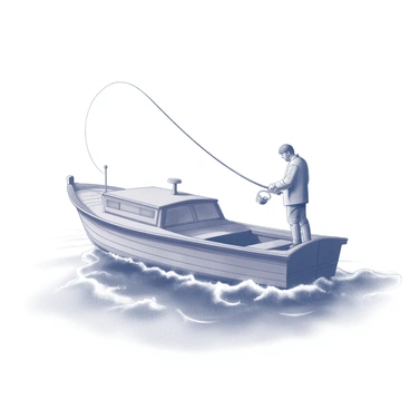 A small fishing boat is gently bobbing on calm waves. The boat has a weathered wooden hull and is equipped with fishing gear. A fisherman is standing at the edge of the boat, focusing intently as he casts his fishing line into the water. The sea around the boat is rippling softly, reflecting the movement of the vessel. In the background, the horizon stretches out, suggesting a vast and open expanse of water.