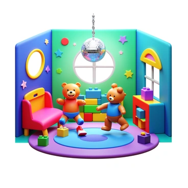 A colorful playroom with bright walls and playful decorations. Various toys such as a teddy bear, action figures, and building blocks are dancing energetically. A sparkling disco ball hangs from the ceiling, casting shimmering light patterns across the room. The floor is covered with a soft, multicolored rug. The toys are smiling and appear to be having fun, moving in rhythm to an unseen music source.
