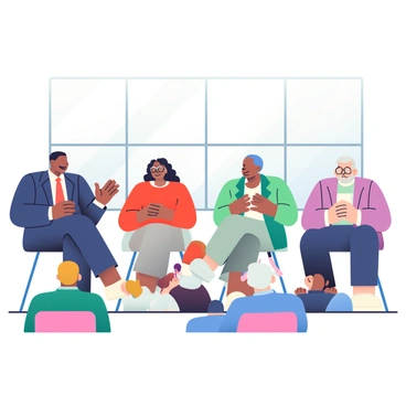 A panel discussion is taking place on housing policies. There are four speakers on the stage, each representing different backgrounds. One speaker has dark brown skin and is wearing a navy blue suit, passionately gesturing while talking. Another speaker, a woman with curly black hair and glasses, is dressed in a bright red blouse while actively engaging with the audience. The third speaker has light skin and is in a grey blazer, leaning towards the audience with a focused expression. The fourth speaker, an older man with salt-and-pepper hair, is sitting calmly with his hands folded, listening intently. The audience in front is diverse and attentive, with some individuals taking notes, while others are nodding in agreement. The setting is bright with natural light streaming in through large windows, creating a warm atmosphere for the discussion.