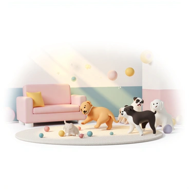 A cozy room with soft, warm lighting, featuring several playful puppies of various breeds, including a fluffy golden retriever, a small beagle, and a mischievous pug. The puppies are energetically playing with each other, chasing colorful toys scattered across a plush carpet. In the air, "floating particles of pet dander" are subtly visible, glistening in the light beams as they dance around the room. The walls are adorned with cheerful pastel colors, and a comfy couch sits in the corner, adding to the inviting atmosphere of the space.