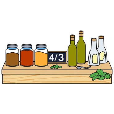 A kitchen counter made of light wood. On the counter, there are four glass jars filled with colorful spices, each topped with a metal lid. The jars are arranged in a straight line. Next to the jars, there are three elegant bottles of oil, each with a unique shape and a cork stopper. The bottles are also aligned beside the jars. A prominent "4/3" is written in bold letters on a small chalkboard placed in front of the jars and bottles. A few scattered herbs and a small spoon are placed casually next to the jars. The countertop has a warm, inviting feel, complemented by a few sprigs of fresh basil nearby.