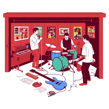 A red garage filled with colorful posters of various bands lining the walls. In the center, a group of four musicians is rehearsing, with a blue electric guitar resting against a small amplifier on the floor. One musician is playing a teal drum set, while another is singing into a microphone, surrounded by a few scattered musical sheets. An orange keyboard sits on a nearby table, alongside a collection of cables and instrument cases. The atmosphere is lively, with the musicians fully engaged in their practice session.