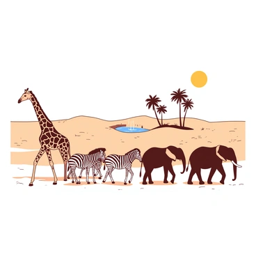 A group of various animals is migrating across a sandy desert landscape in search of water. The herd includes a tall giraffe, a group of zebras, and a few elephants. The animals are moving in a line, with the giraffe gracefully walking in front, its long neck stretching towards the horizon. The zebras are positioned closely together, their contrasting black and white stripes visible against the landscape. The elephants are lumbering along, their large ears flapping gently as they walk. In the distance, a shimmering oasis can be seen, marked by tall palm trees and a small blue waterhole, providing a destination for the migrating herd. The sun is shining brightly, casting long shadows on the hot, dry ground.