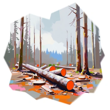 A forest landscape filled with tall, slender trees, their trunks varying in shades of brown, some marked with fresh saw cuts. In the foreground, several fallen trees lie on the ground, their branches stripped bare, and the bark exposed. The ground is scattered with remnants of wood chips and debris, illustrating the impact of excessive logging activities. In the background, the horizon shows a stark contrast with the remaining trees, some still standing while others appear vulnerable, their leaves beginning to wilt. A cloudy sky looms overhead, casting a gloomy light over the scene, emphasizing the devastation.