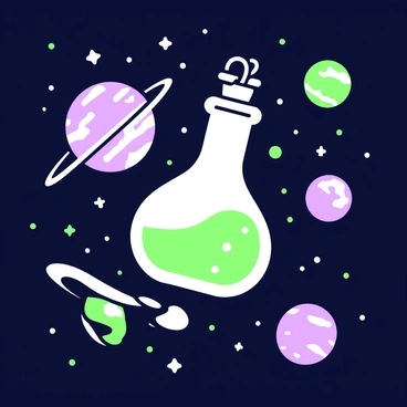 A glass flask is floating in the vastness of space. The flask is transparent, with a smooth, curved shape and an intricate stopper on top. Surrounding the flask, multiple planets of varying sizes and textures are visible in the background, along with numerous stars twinkling across the dark expanse. The planets have distinct features such as rings, craters, and varied colors. The scene is illuminated by the soft glow of the stars, enhancing the serene beauty of the floating flask amidst celestial objects.