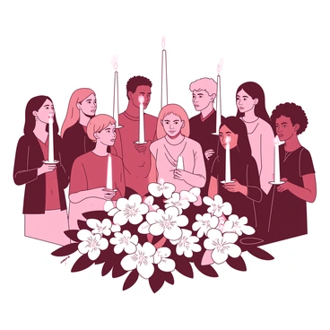 A diverse group of people, including women and men of various ages and ethnicities, are gathered together in a solemn atmosphere. They are holding tall, white candles that emit a warm, soft glow. Each person has a look of reflection and respect on their faces. In the center of the group, there is a large, elegantly designed white floral arrangement symbolizing remembrance. The background is softly blurred, focusing attention on the individuals and their act of lighting candles in memory of "Simone Veil." Some of the candles are lit, creating a flickering light that dances gently in the air.