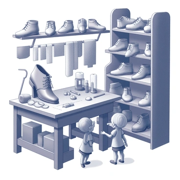 A shoemaker's shop filled with various tools and materials. The wooden workbench is cluttered with leather pieces and thread. On the left, there is a large, well-worn shoe mold. The walls are lined with shelves filled with finished shoes of different sizes, some adorned with intricate stitching. Tiny details such as a small thimble and a pair of round spectacles sit on the bench. In the foreground, two tiny elves stand, observing the scene with curiosity. They are looking up at the towering shelves and the craftsman's tools, emphasizing their small stature in this bustling workspace.