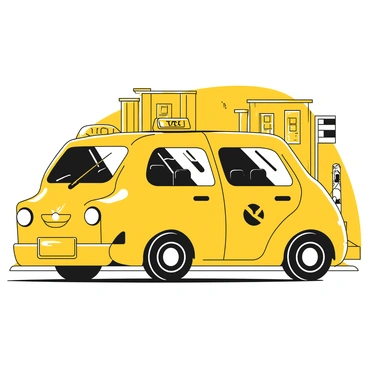 A modern electric taxi cab with a sleek body design is parked on a city street. The cab features a prominent "green leaf" emblem on the side, symbolizing its eco-friendly nature. The windows are tinted, and the wheels have a contemporary, aerodynamic design. The vehicle has a bright yellow exterior with a digital display on the roof indicating its taxi service. In the background, there are urban buildings and a busy sidewalk with pedestrians walking by.