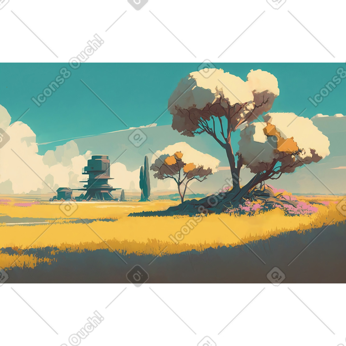 Nature landscape with retrofuturistic building background illustration in Experimental style download in PNG, SVG