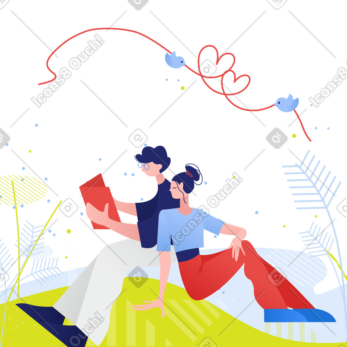 Paar liest und genießt die natur-Illustration im Clip-Stil als Download in PNG, SVG