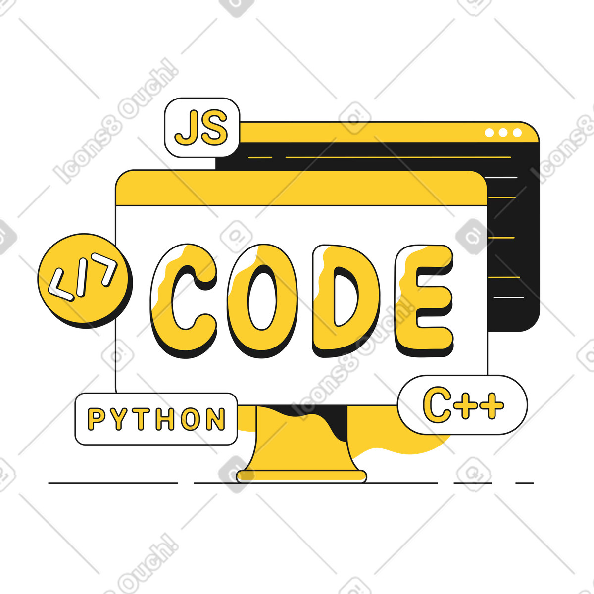 Computer with code lettering and language labels, coding education and software development illustration in PNG, SVG