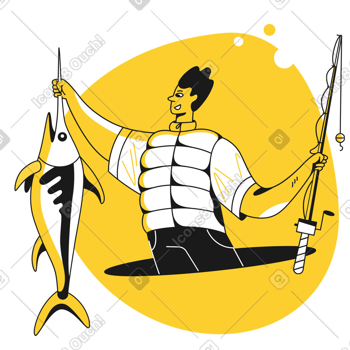 Taxi スタイルの 魚と釣り竿を持っている男性 のイラストをPNG、SVG形式でダウンロード