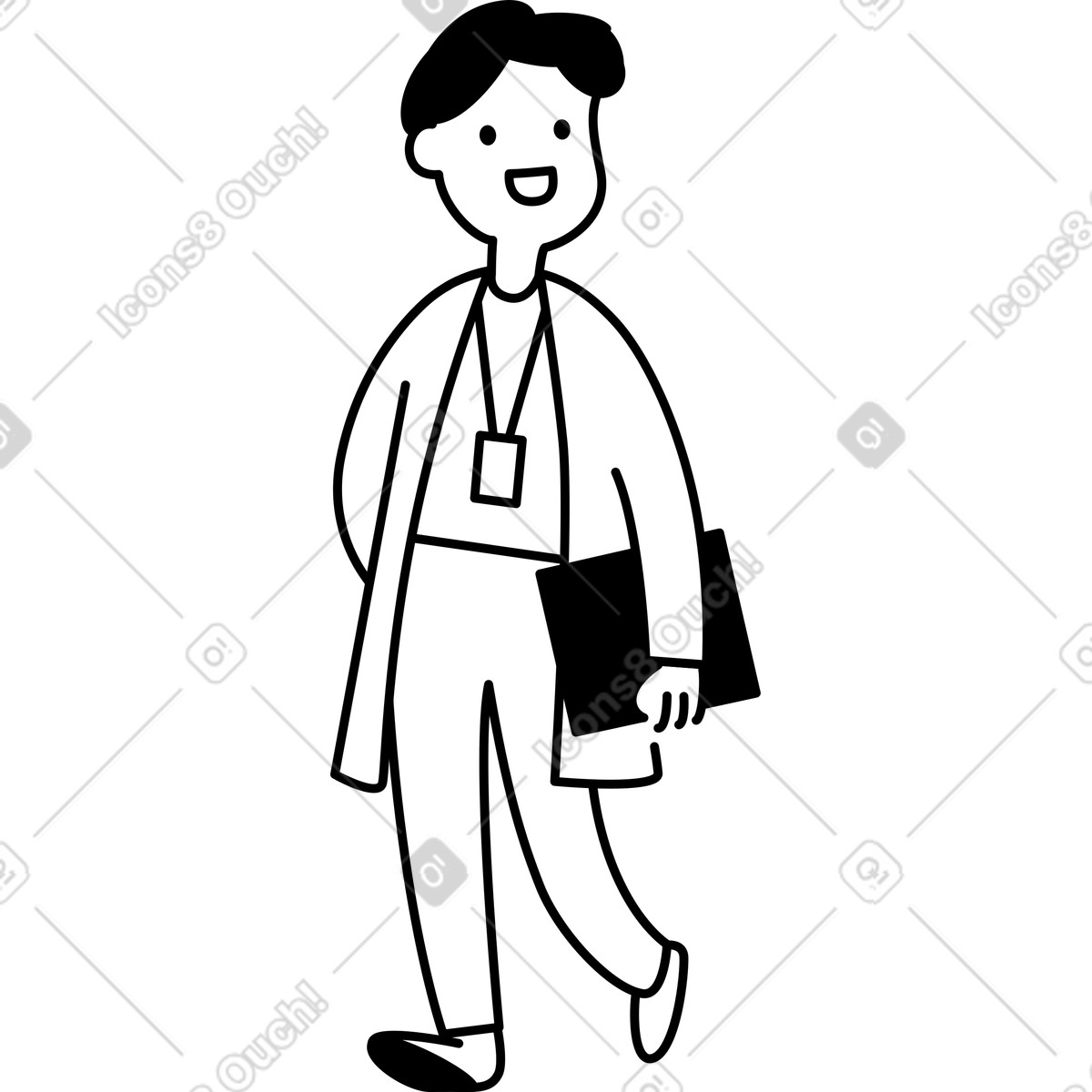 Ilustración Doctor walking with clipboard and lanyard badge smiling confidently en estilo Notion Line Art a descargar en PNG y SVG