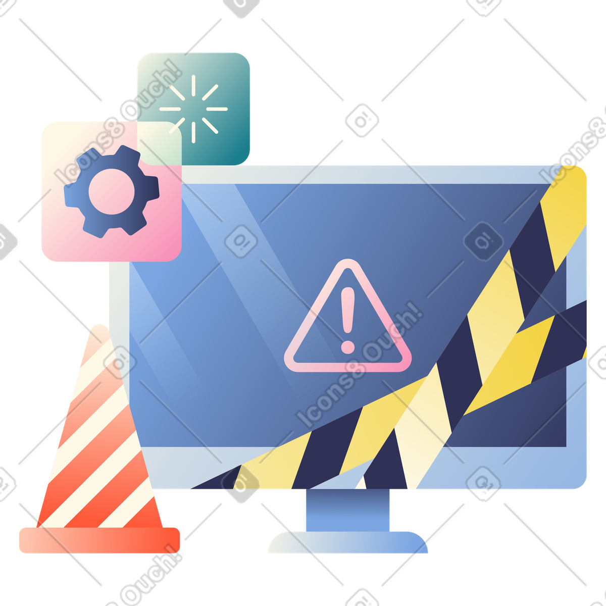 Ilustración Monitor con alerta de advertencia y cinta precaución, error del sistema o problema técnico en estilo Beam a descargar en PNG SVG