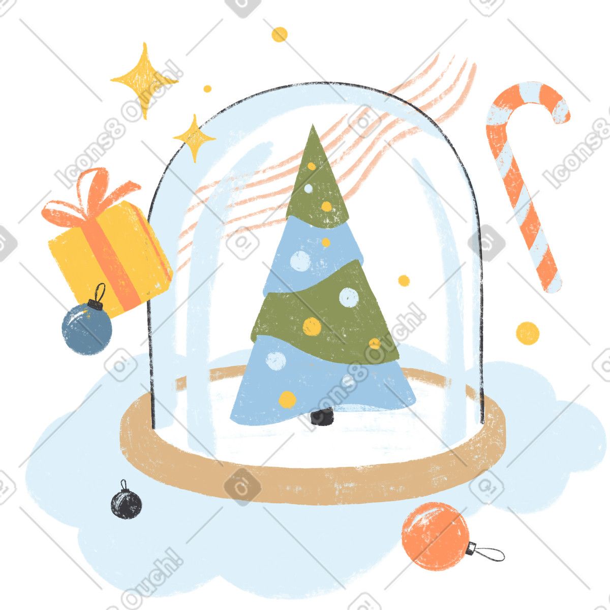 Ilustración Christmas tree in glass dome with ornaments and gift, Seasonal greeting card en estilo Chalky a descargar en PNG y SVG