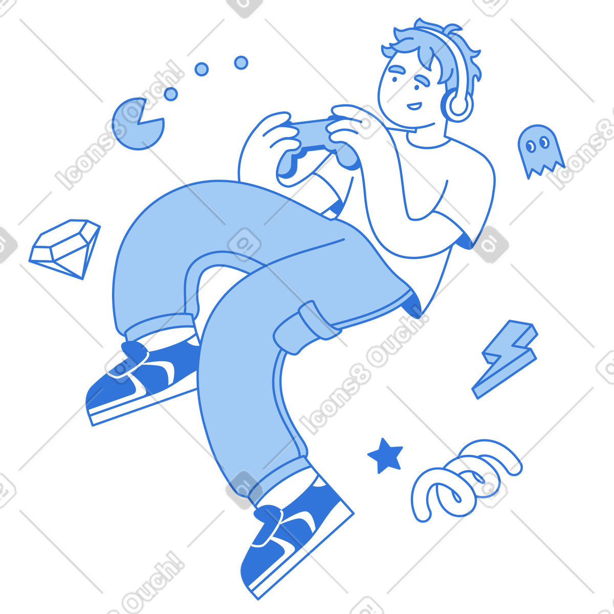 Ilustración Joven jugando videojuegos con gamepad en estilo Sky a descargar en PNG y SVG