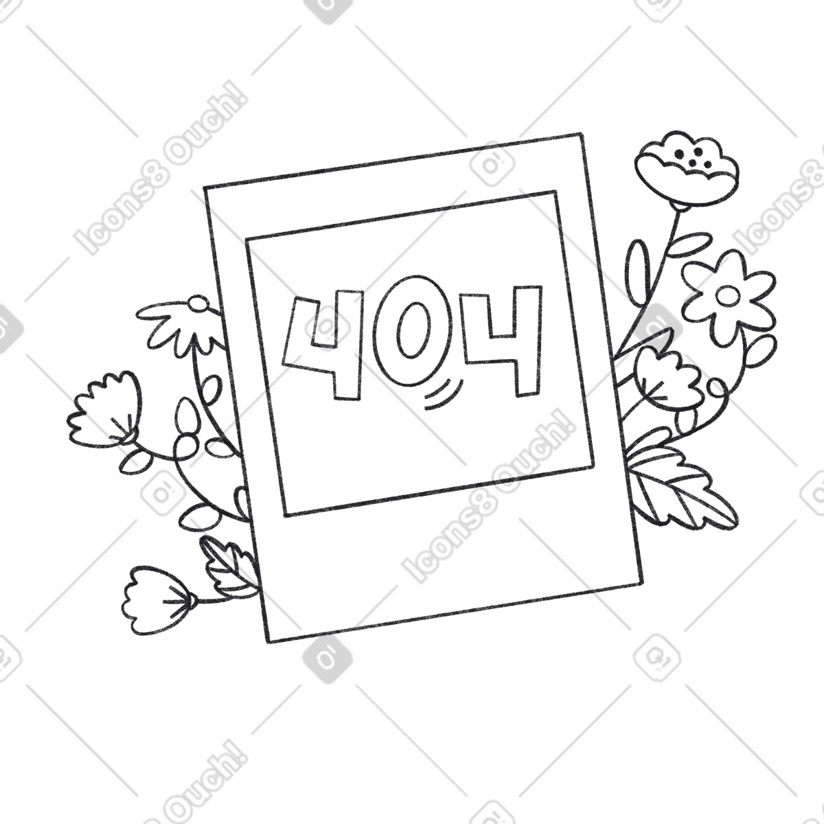 404 error inside polaroid frame with decorative flowers, Page not found concept illustration in Bonbon Line style download in PNG, SVG