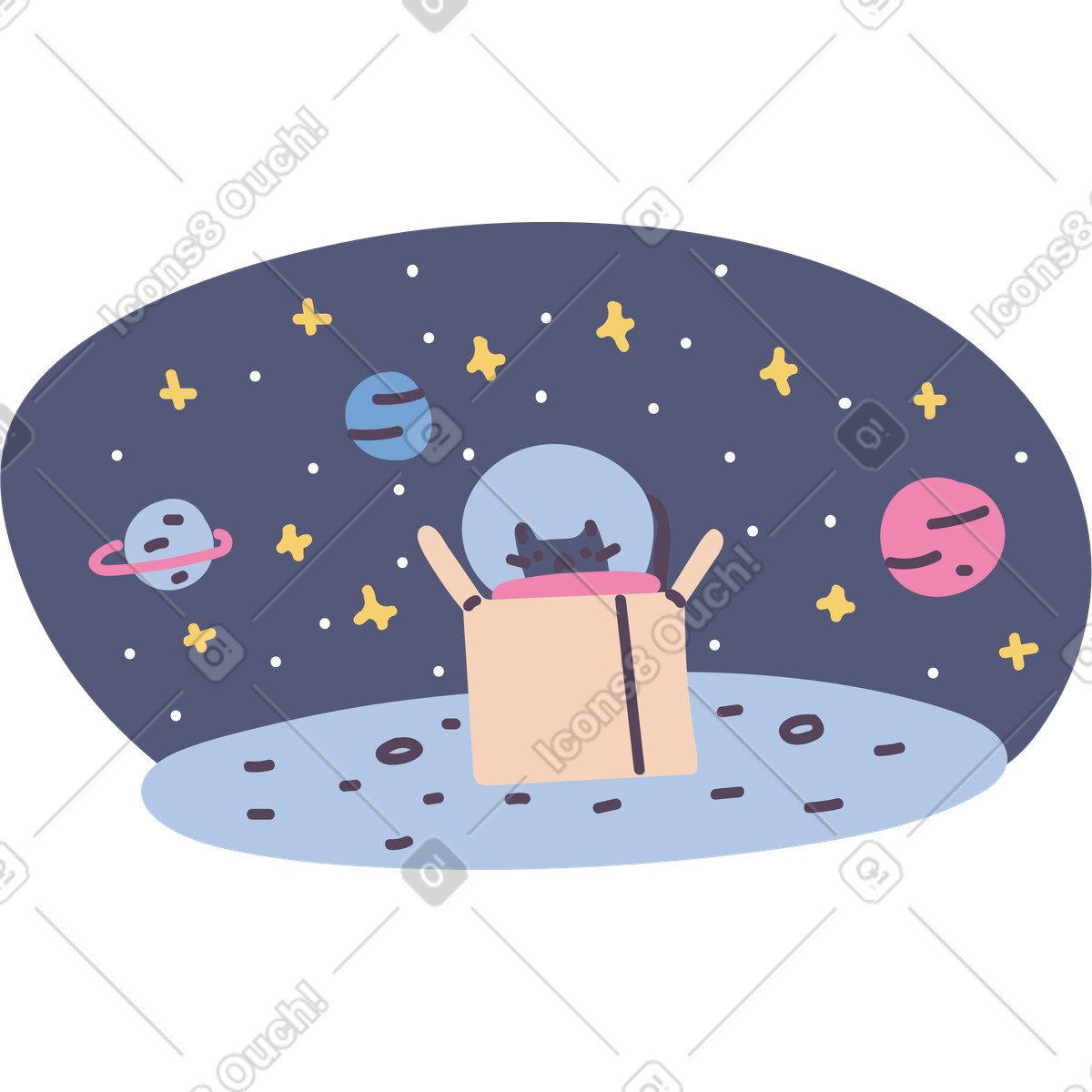 Space cat exploring box in outer space, Come back later or see you soon illustration in Pluto style download in PNG, SVG