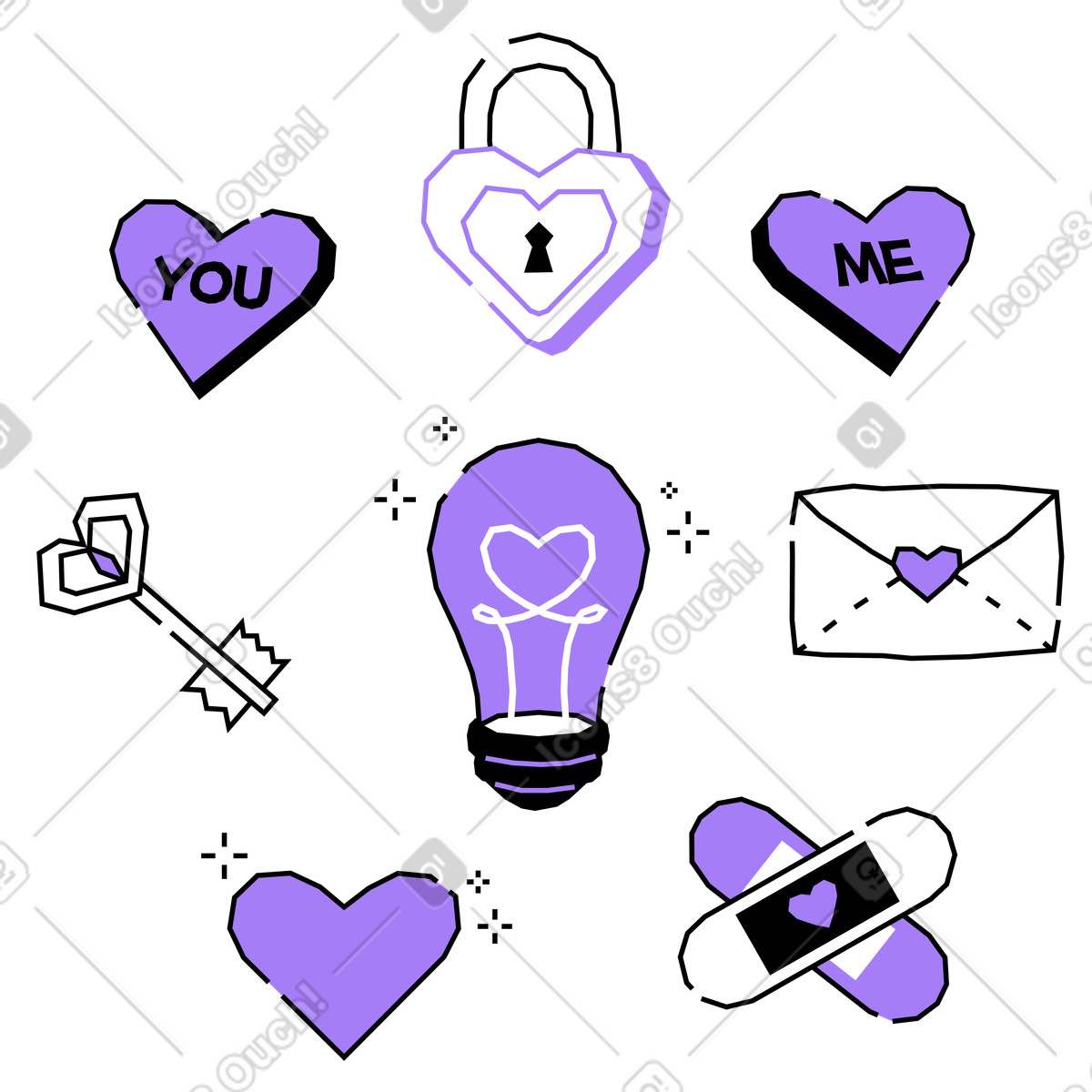 Illustration Collection d'objets avec des coeurs dans le style Amethyst à télécharger aux formats PNG, SVG